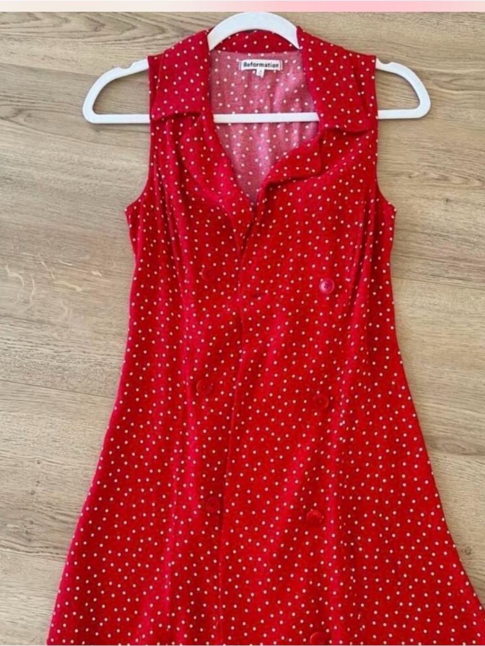 Reformation Red and White Polka Dot Sleeveless Button-Up Dress